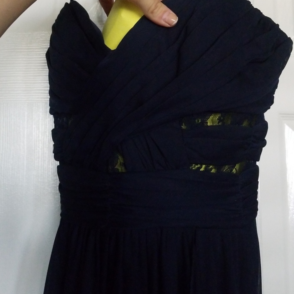 Chiffon navy high low lace cut out dress